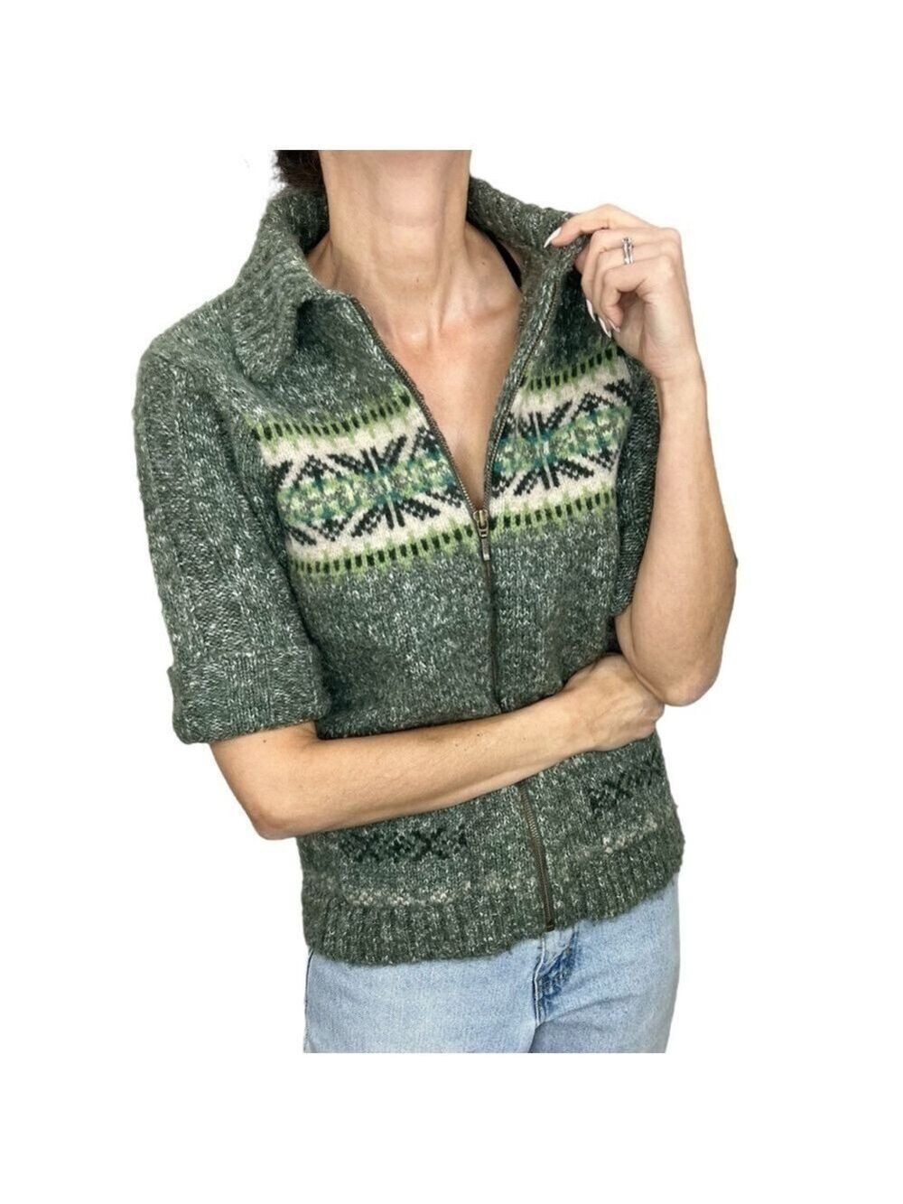 Woolrich green wool blend short sleeve fair isle zip up sweater S